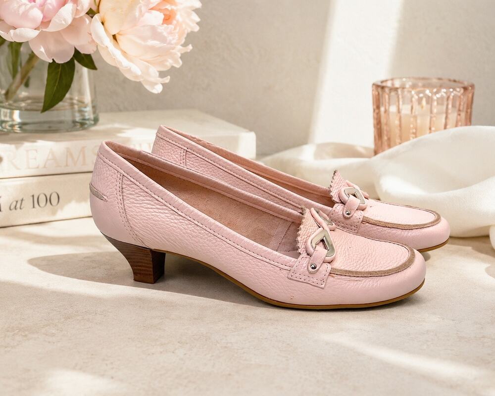 Franco Sarto pink leather slip on loafers with heel. Women’s size 10M